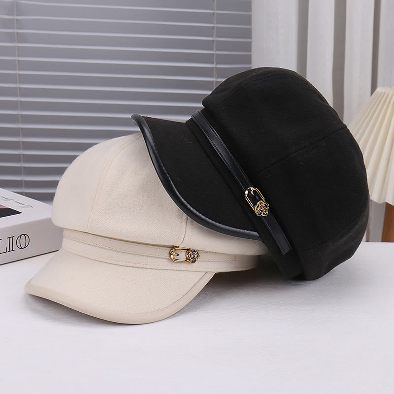 Women's Wool-Blend Leather Strap Rose Beret Hat - image 5