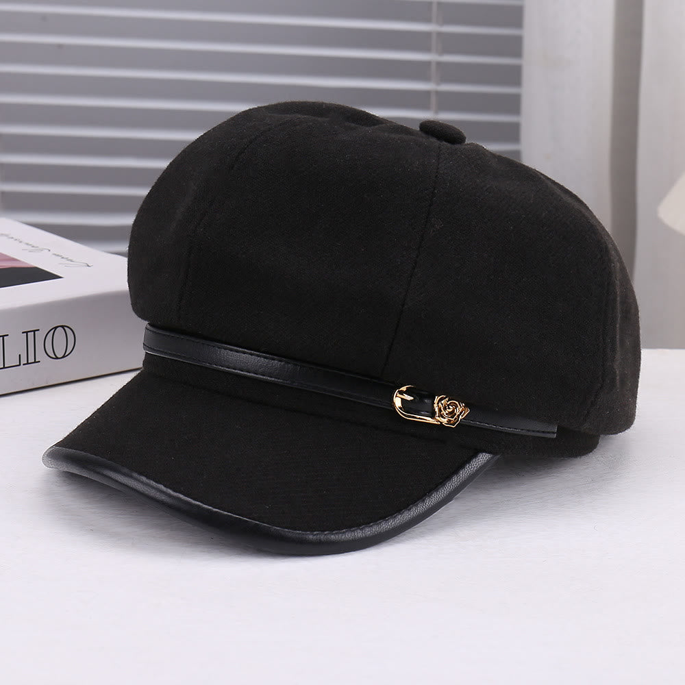 Women's Wool-Blend Leather Strap Rose Beret Hat - Black - Adjustable (22 - 22 7/8'') - image 2