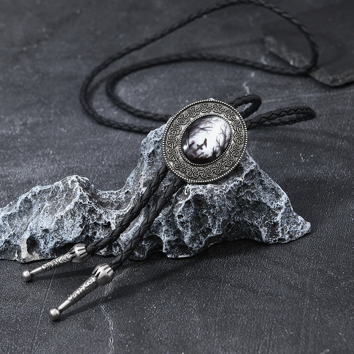 Gothic Raven Pattern Western Pendant Bolo Tie - Black & White - image 4
