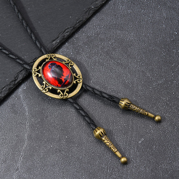 Gothic Raven Pattern Western Pendant Bolo Tie - Red & Black - image 0