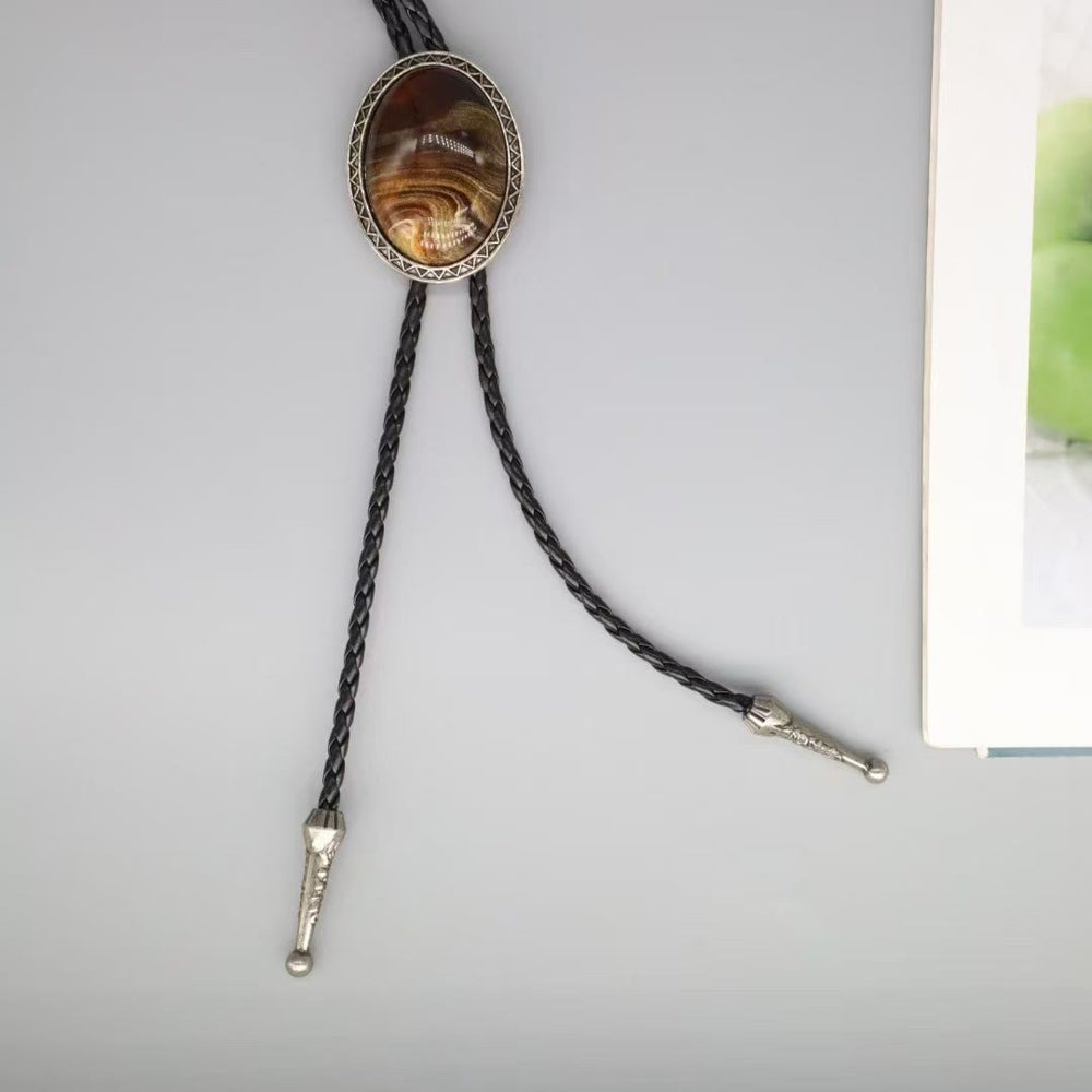 Wood Grain Agate Retro Metal Frame Bolo Tie - image 1