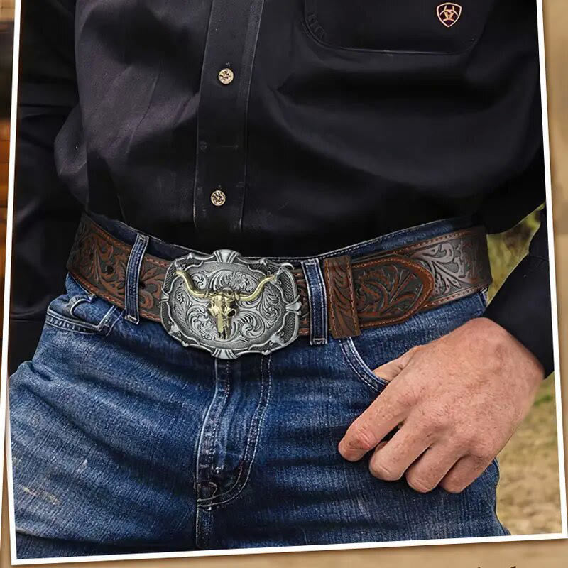 Men's Retro Carved Bull Skull Emblem Leather Belt - image 3