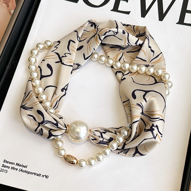 Women's Magnetic Clasp Artificial Pearl Necklace Scarf - Light Coffee Flower - image 11