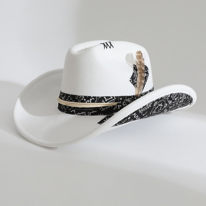 Bandana Trim Western Style Feather Accent Cowboy Hat - White - M (22"-22 7/8") - image 3