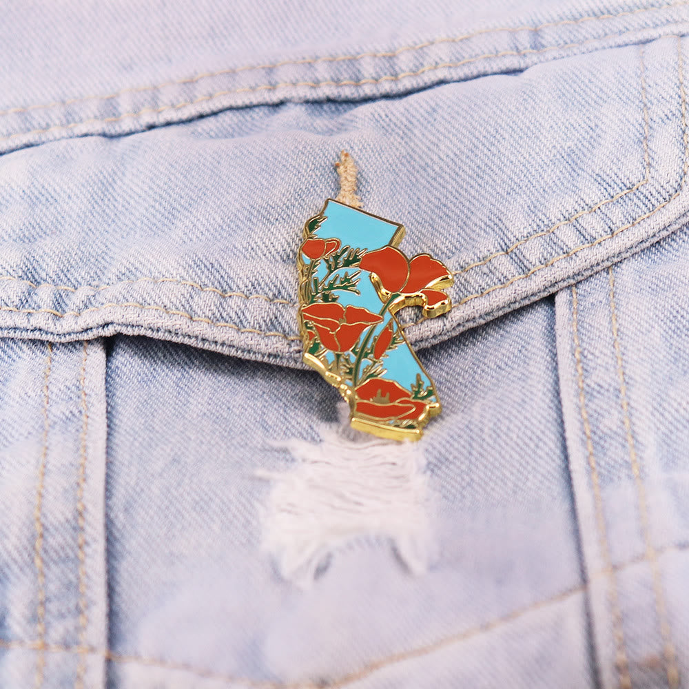 Gold California Poppy State Enamel Brooch - image 1