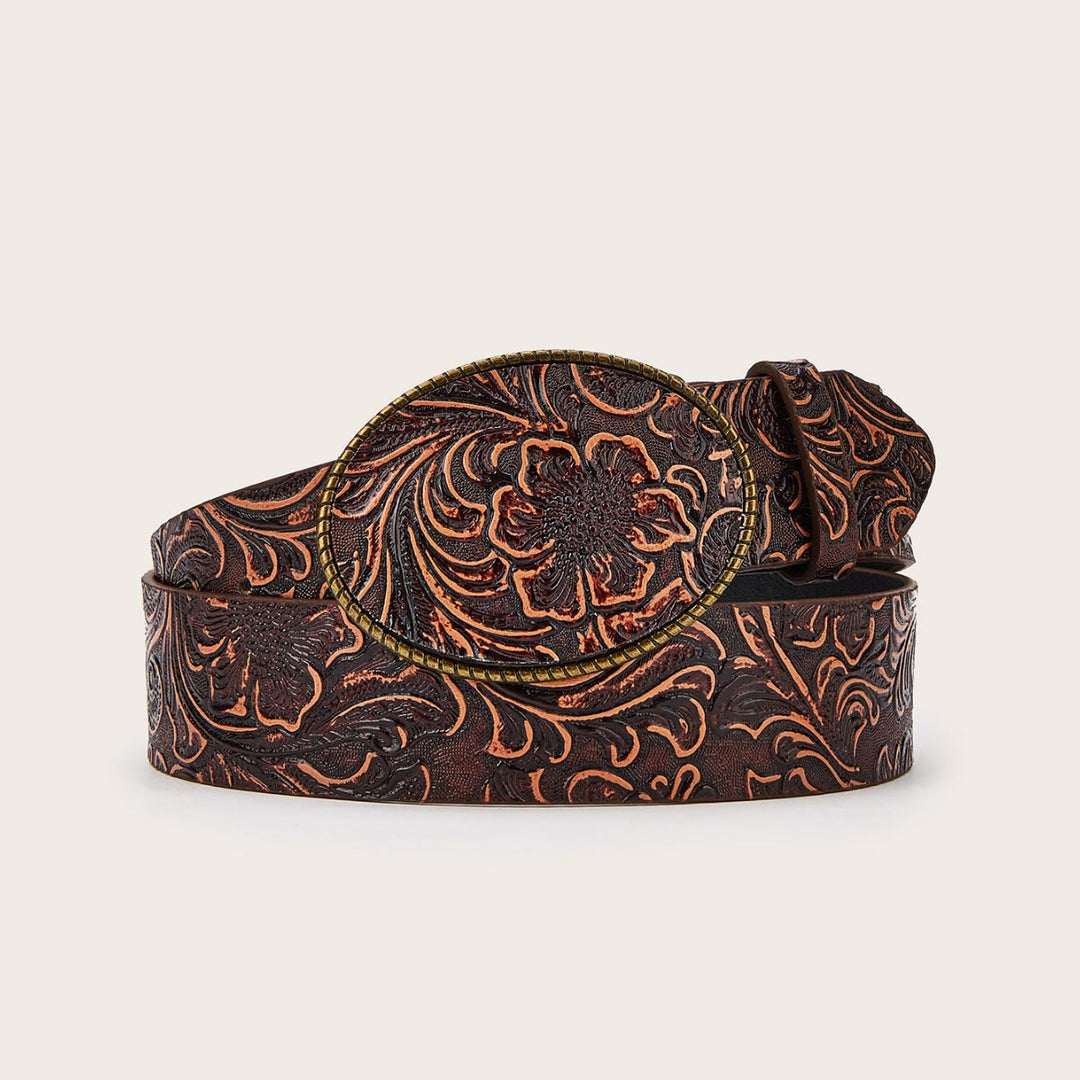 Western Charm Engraved Floral Pattern Leather Belt - Brown - 34 - image 0