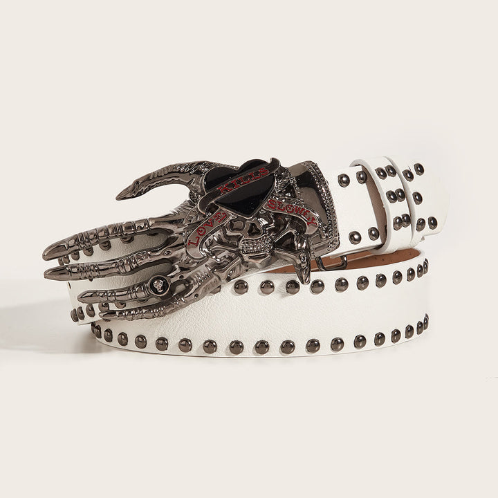 Gothic Skeleton Claw & Skull Studded Leather Belt - White - 40 - image 4