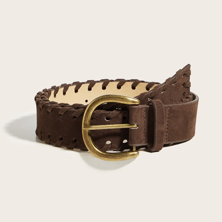 Men's Vintage Brass Pin Buckle Brown Leather Belt - Brown - 34 - image 0