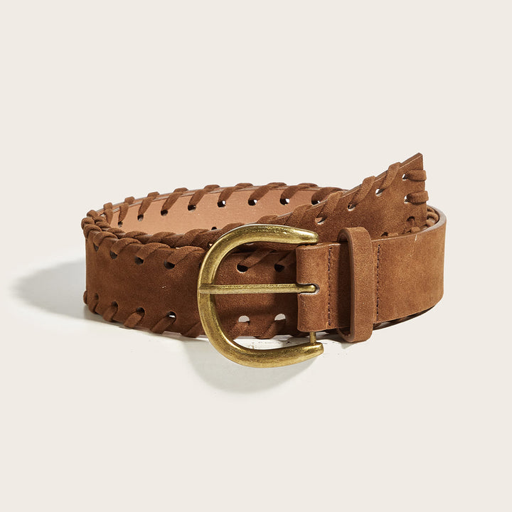 Men's Vintage Brass Pin Buckle Brown Leather Belt - Khaki - 34 - image 3