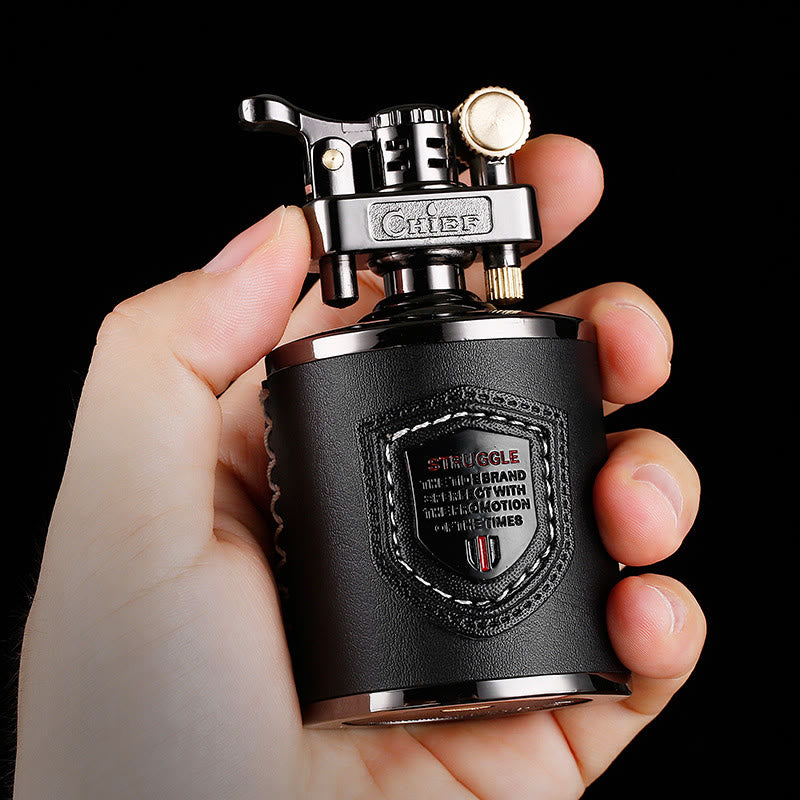Vintage Can Shaped Leather Wrapped Kerosene Lighter - Black - image 1