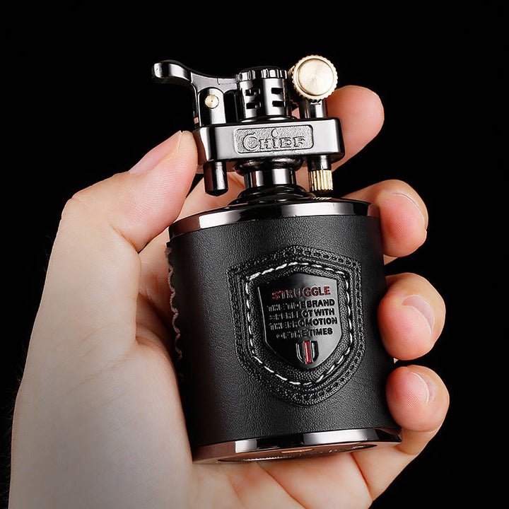 Vintage Can Shaped Leather Wrapped Kerosene Lighter - Black - image 1
