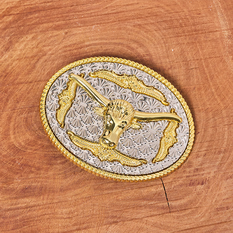 Men's Gold & Silver Longhorn Bullhead Oval Buckle Leather Belt - image 1