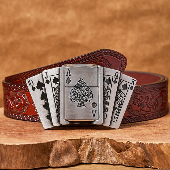 Men's DIY Poker Flush Leather Belt with Hidden Lighter - Poker - Brown Carved Belt - 42 - image 9