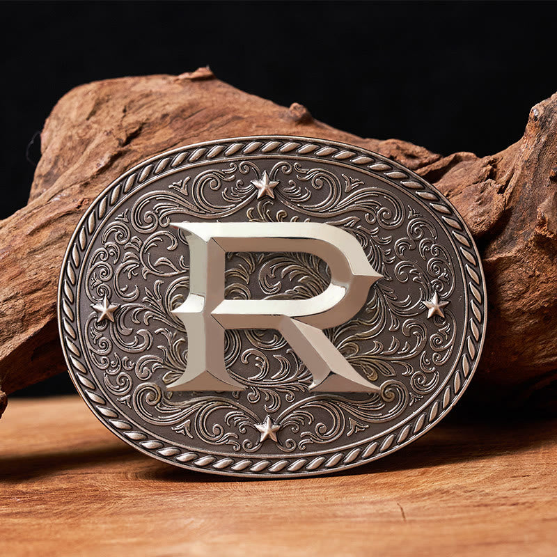 Men's Timeless DIY Initial Letter Silver Buckle Leather Belt - R - Without Belt - image 19