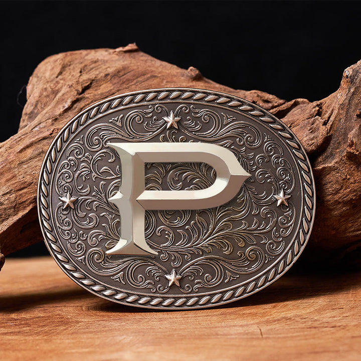 Men's Timeless DIY Initial Letter Silver Buckle Leather Belt - P - Without Belt - image 17