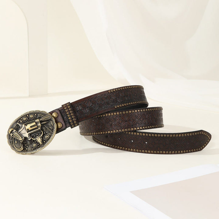 Men's Retro Carved Gun And Bull Skull Emblem Leather Belt - image 3