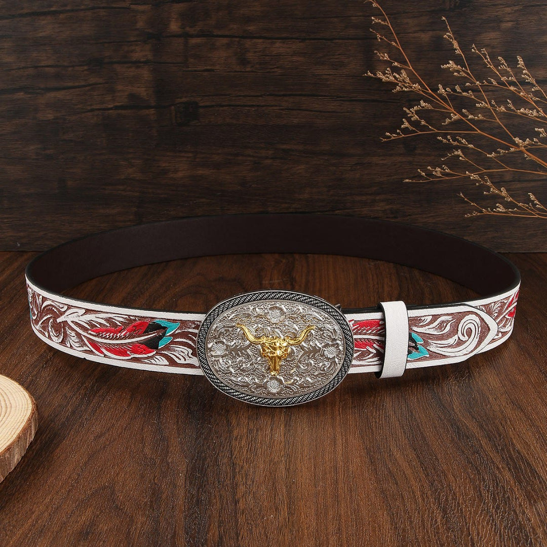 Men's Western Style Two Tone Bull Skull Emblem Leather Belt - image 3