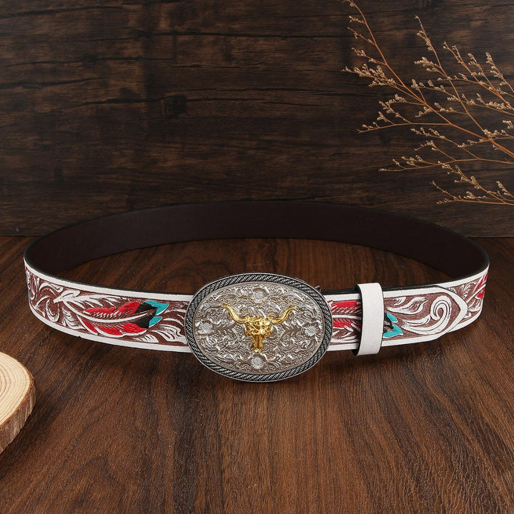 Men's Western Style Two Tone Bull Skull Emblem Leather Belt - image 3