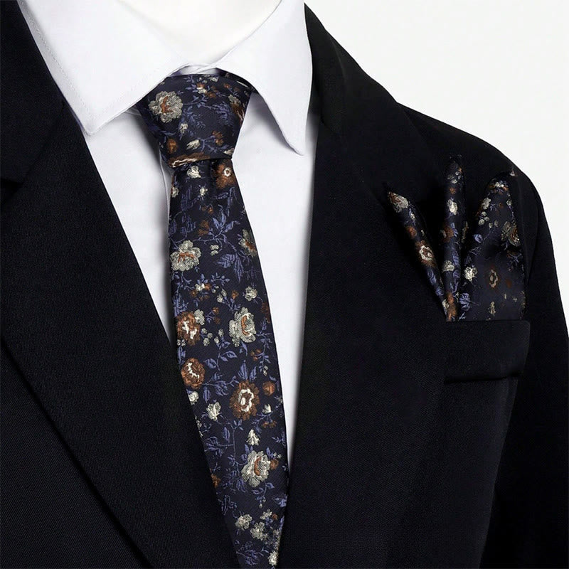 Men's Vintage Floral Jacquard Necktie And Pocket Square Set - Black - image 3