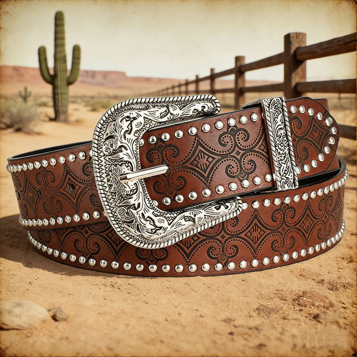 Western Pattern Decorative Buckle Leather Belt - Brown - 36 - image 0