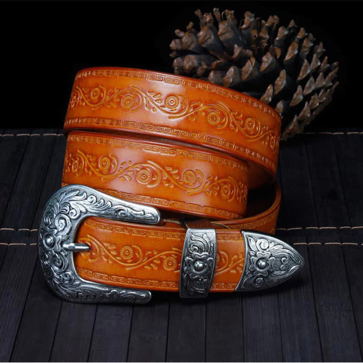 Unisex Rustic Texture Flower Printing Leather Belt - image 17