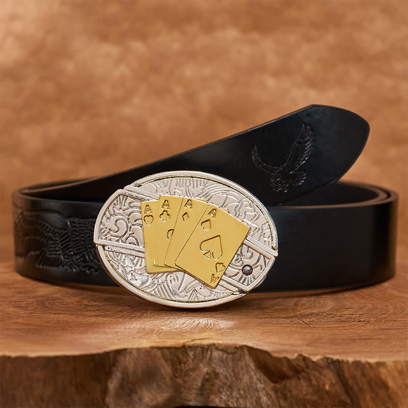 Men's DIY Gold & Silver Poker Hidden Folding Knife Buckle Leather Belt - Longhorn - Black Embossed Eagle Belt - 42 - image 4
