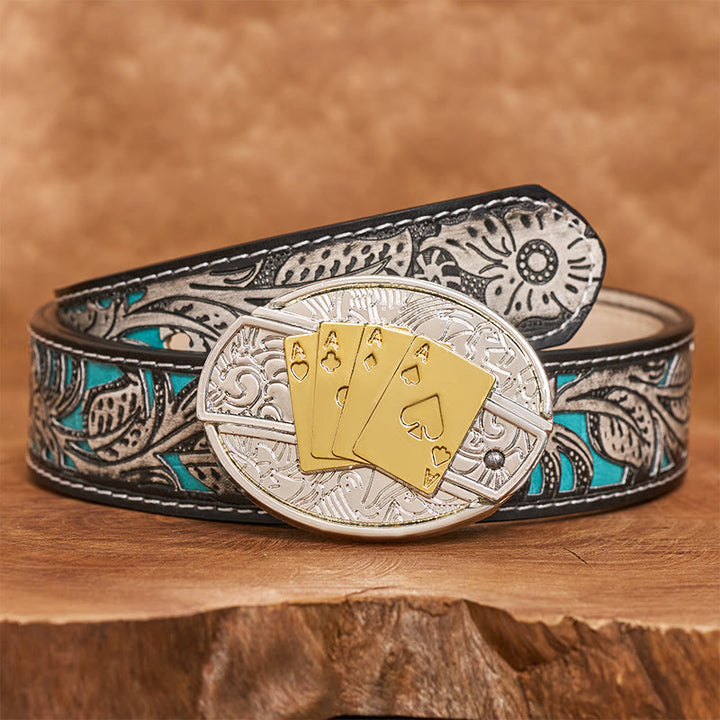 Men's DIY Gold & Silver Poker Hidden Folding Knife Buckle Leather Belt - Longhorn - Gray Floral Belt - 42 - image 9