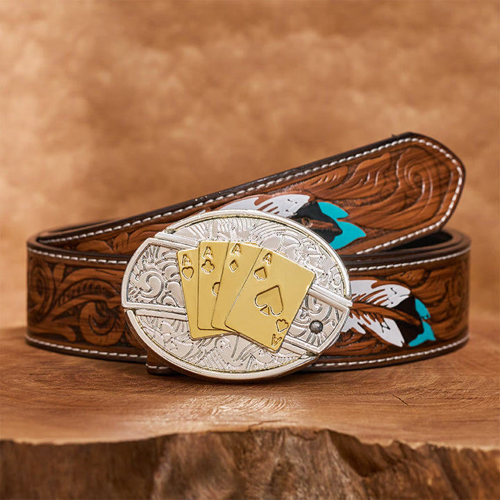 Men's DIY Gold & Silver Poker Hidden Folding Knife Buckle Leather Belt - Longhorn - Brown Feather Belt - 40 - image 8