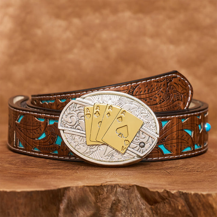 Men's DIY Gold & Silver Poker Hidden Folding Knife Buckle Leather Belt - Longhorn - Turquoise Carved Belt - 42 - image 5