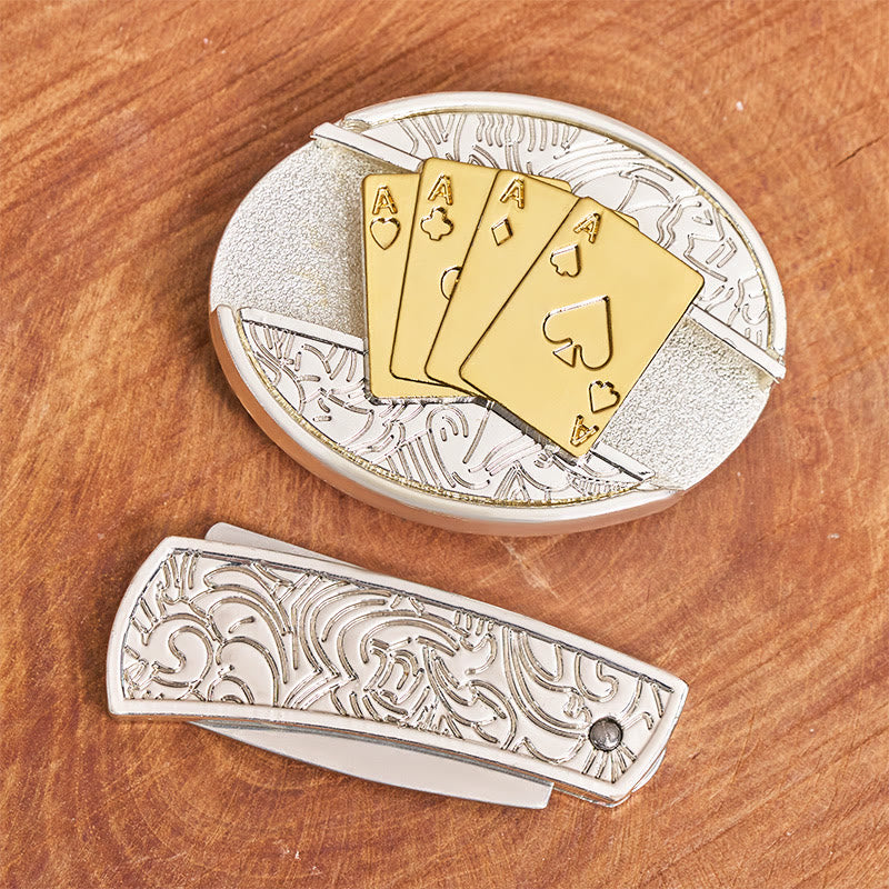 Men's DIY Gold & Silver Poker Hidden Folding Knife Buckle Leather Belt - image 3