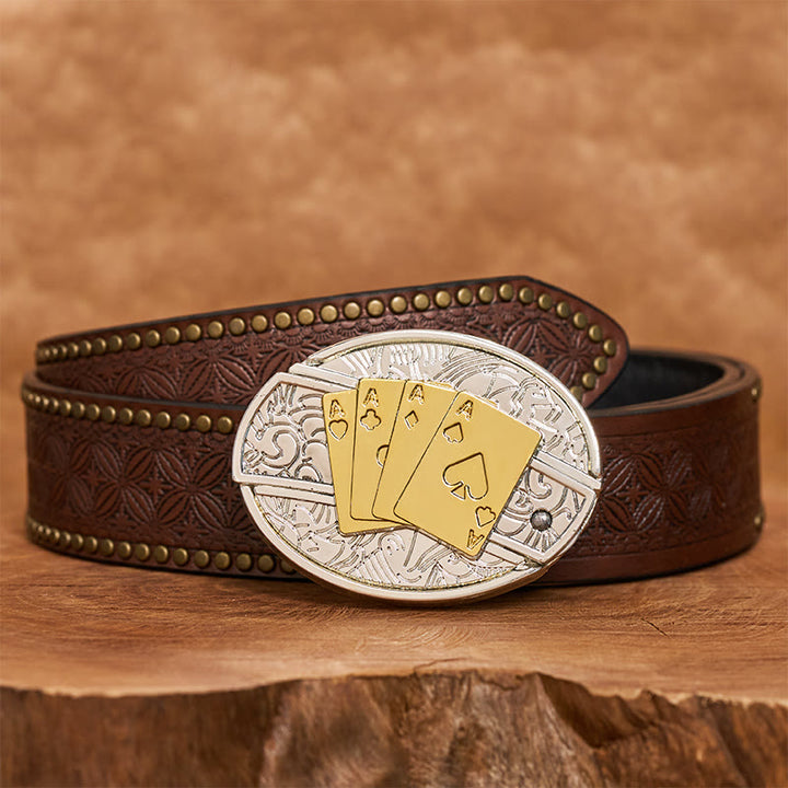 Men's DIY Gold & Silver Poker Hidden Folding Knife Buckle Leather Belt - Longhorn - Brown Rivet Belt - 42 - image 6