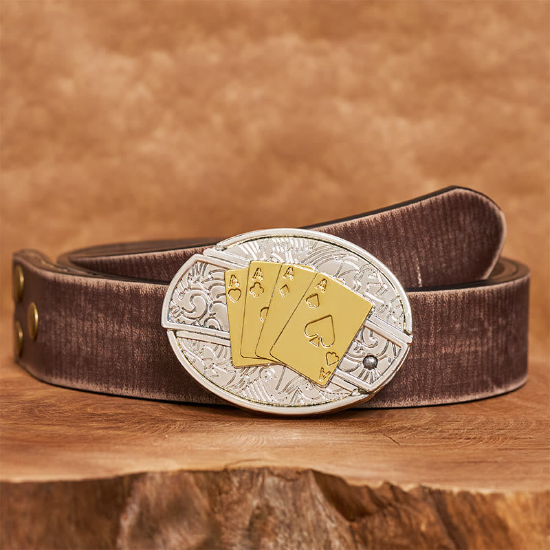 Men's DIY Gold & Silver Poker Hidden Folding Knife Buckle Leather Belt - Longhorn - Brown Distressed Belt - 42 - image 7