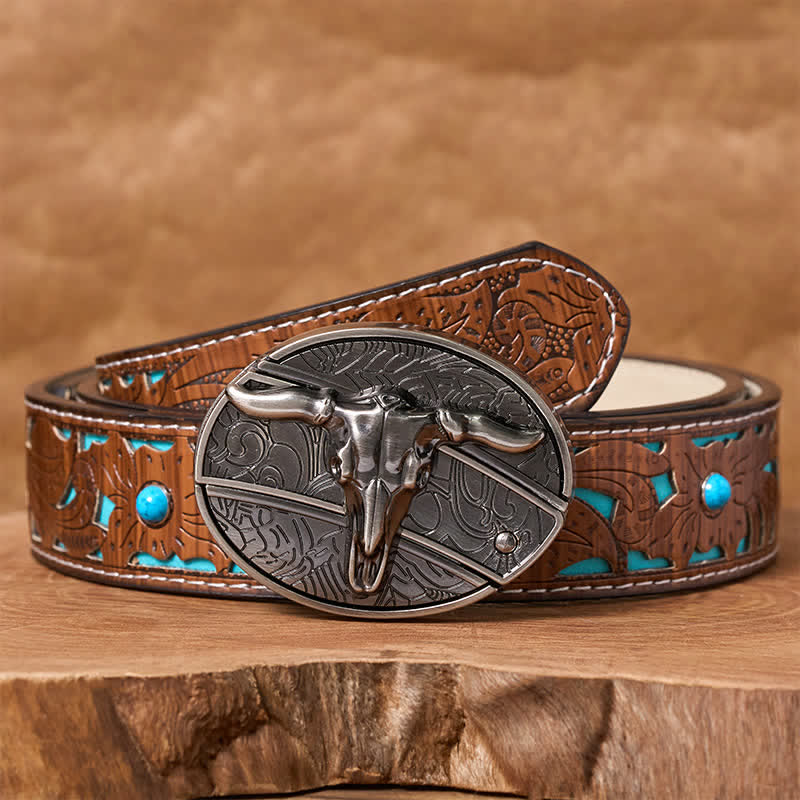 Men's DIY Rodeo Bull Hidden Folding Knife Buckle Leather Belt - Longhorn - Turquoise Carved Belt - 42 - image 4
