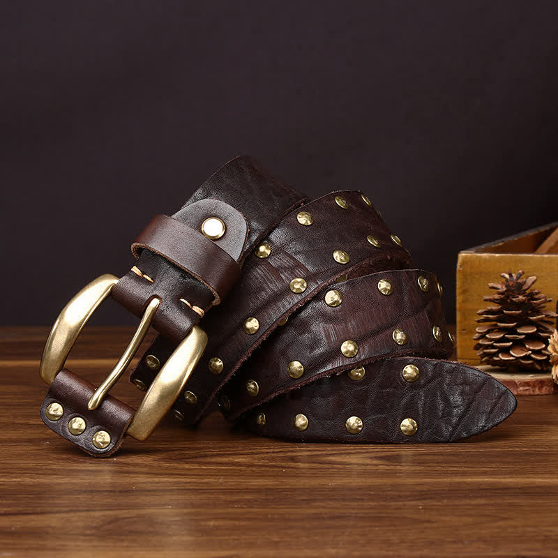 Old West Brass Rivet Distressed Studded Leather Belt - image 9