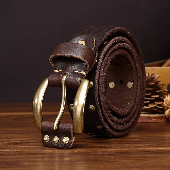 Old West Brass Rivet Distressed Studded Leather Belt - Coffee - 44 - image 8