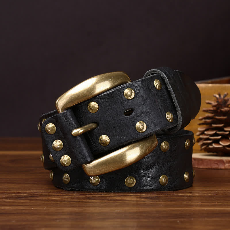 Old West Brass Rivet Distressed Studded Leather Belt - image 7