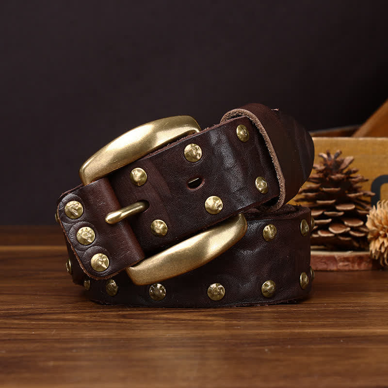 Old West Brass Rivet Distressed Studded Leather Belt - image 10