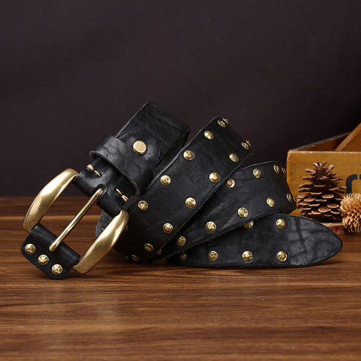 Old West Brass Rivet Distressed Studded Leather Belt - image 6