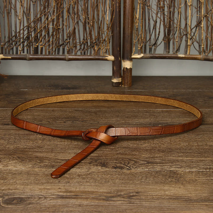 Women's Hand-Tied Crocodile-Embossed Leather Knot Belt - Orange - 47.2"(120cm) - image 6