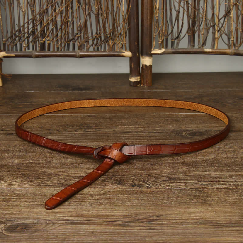 Women's Hand-Tied Crocodile-Embossed Leather Knot Belt - Brown - 47.2"(120cm) - image 4