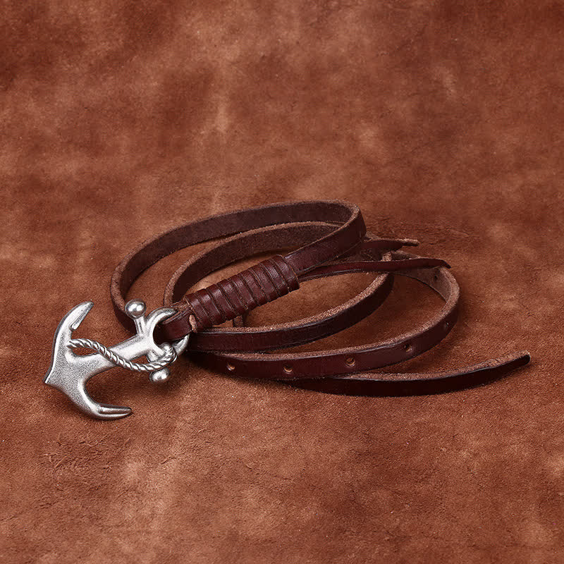 Women's Nautical Anchor Vintage Buckle Narrow Leather Belt - Coffee - 40 - image 5