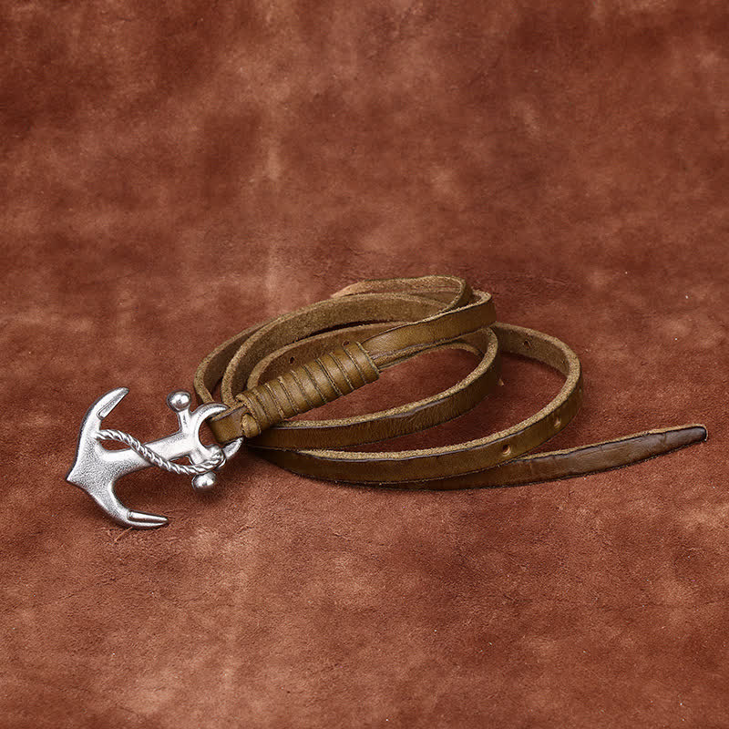 Women's Nautical Anchor Vintage Buckle Narrow Leather Belt - Light Green - 40 - image 20