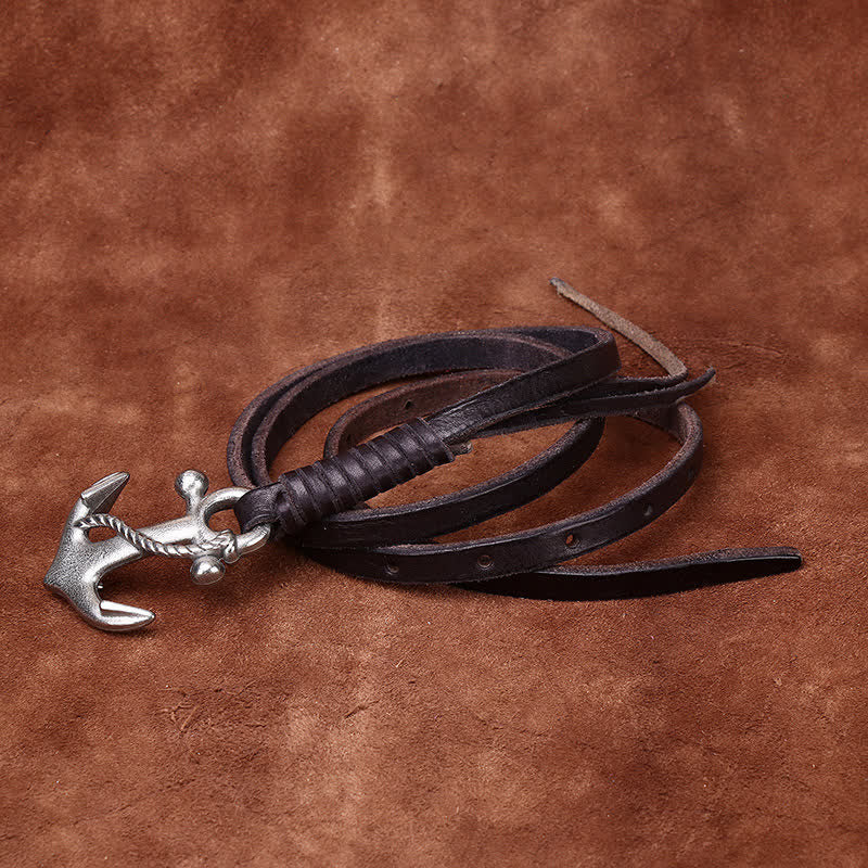 Women's Nautical Anchor Vintage Buckle Narrow Leather Belt - Black - 40 - image 8