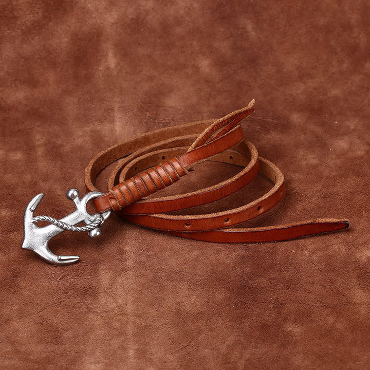 Women's Nautical Anchor Vintage Buckle Narrow Leather Belt - Orange - 40 - image 0