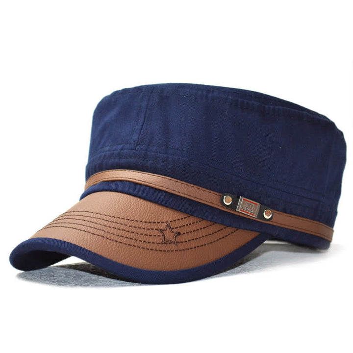 Military-Style Leather Accents & Star Embroidery Flat Top Hat - Navy - M (22"-22 7/8") - image 7