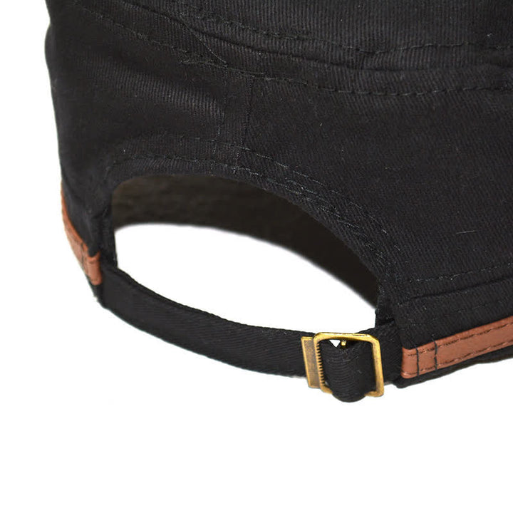 Military-Style Leather Accents & Star Embroidery Flat Top Hat - image 3