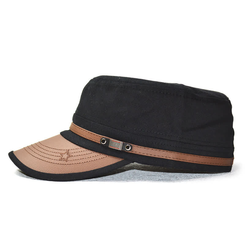 Military-Style Leather Accents & Star Embroidery Flat Top Hat - image 4