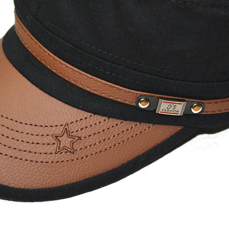 Military-Style Leather Accents & Star Embroidery Flat Top Hat - image 2