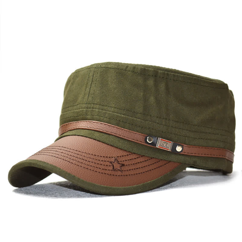 Military-Style Leather Accents & Star Embroidery Flat Top Hat - Army Green - M (22"-22 7/8") - image 9