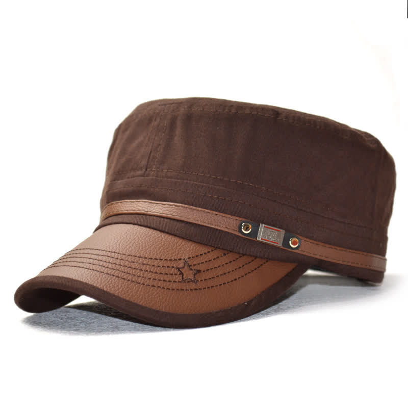 Military-Style Leather Accents & Star Embroidery Flat Top Hat - Coffee - M (22"-22 7/8") - image 8